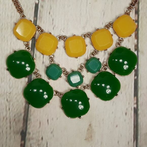 Bold Multi-Strand Statement Necklace Dark Green Light Green and Yellow Cabochons - Picture 2 of 6